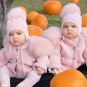 Pink Knit Puffer Jacket with Pom Pom hat